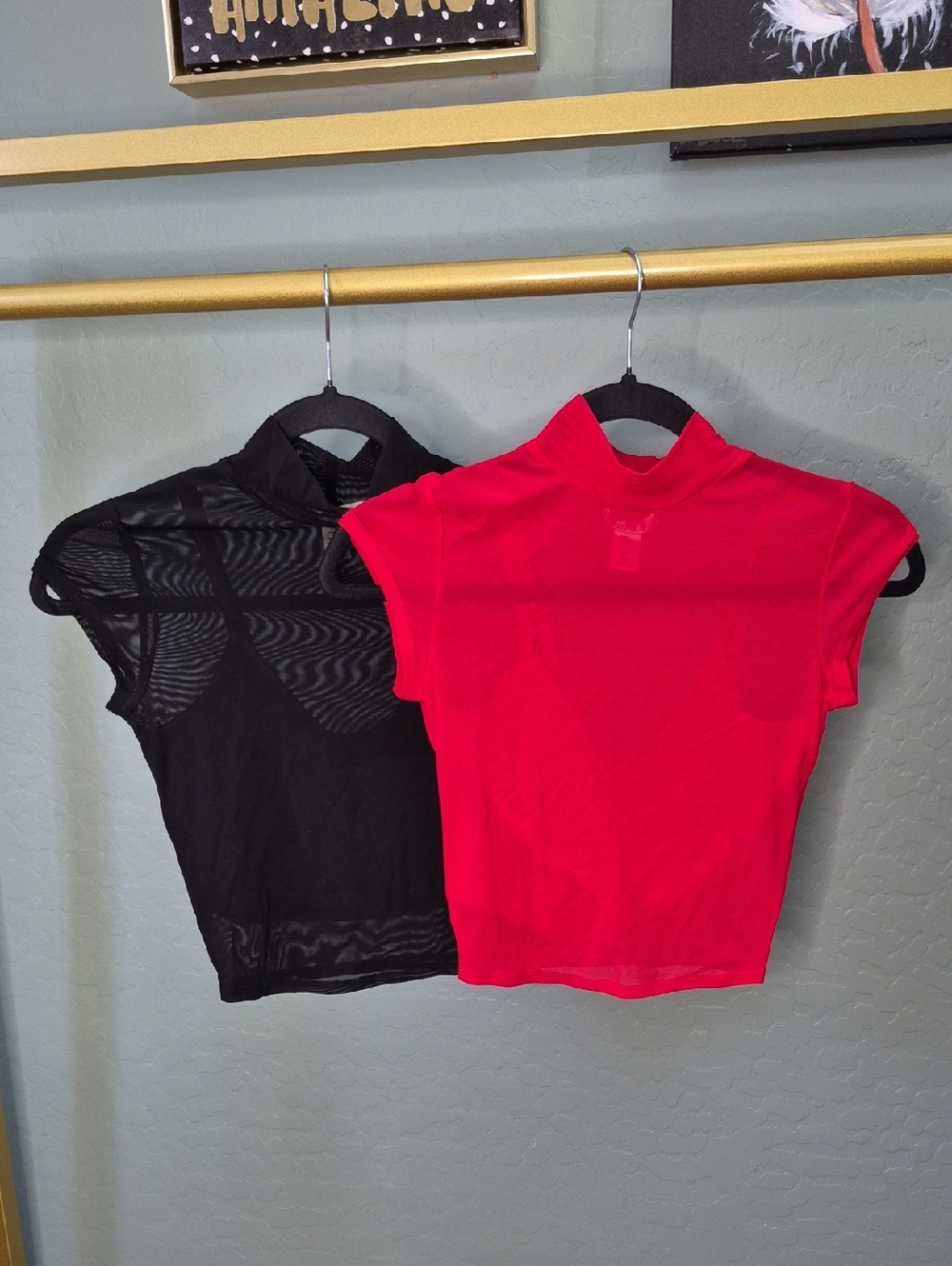 Bozzolo Black And Red Sheer Mesh Tops with Mock Neck - 2 - Nwot